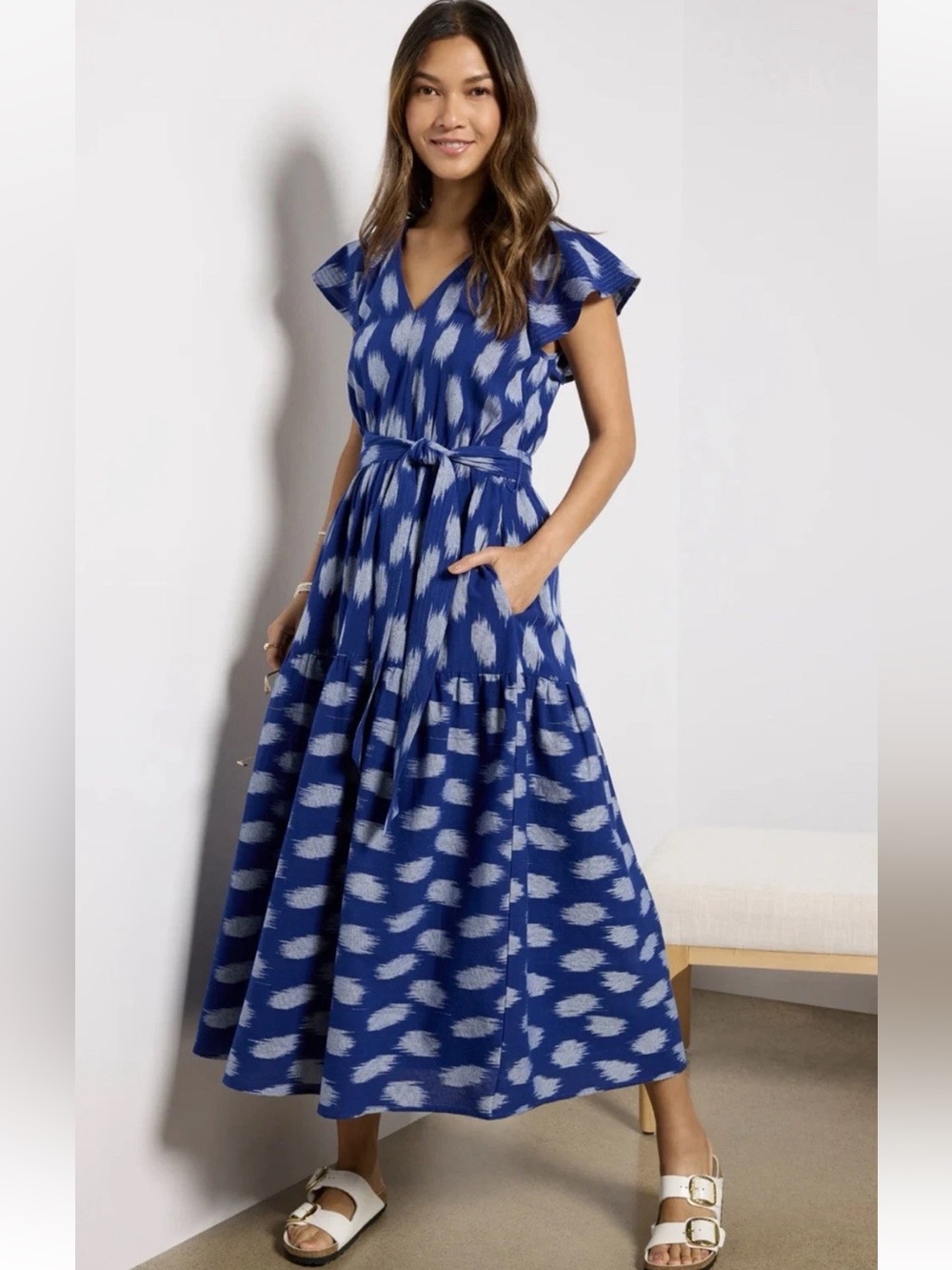 NWT Evereve The Kenley Blue Ikat Maxi Dress With Waist Tie, Flutter Sleeve, M